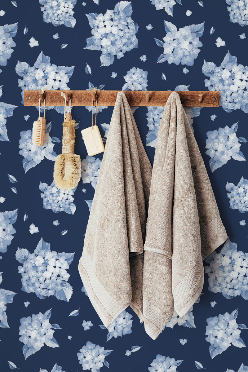 stick and peel wallpaper blue flower pattern bathroom brush soap towel accessory wall