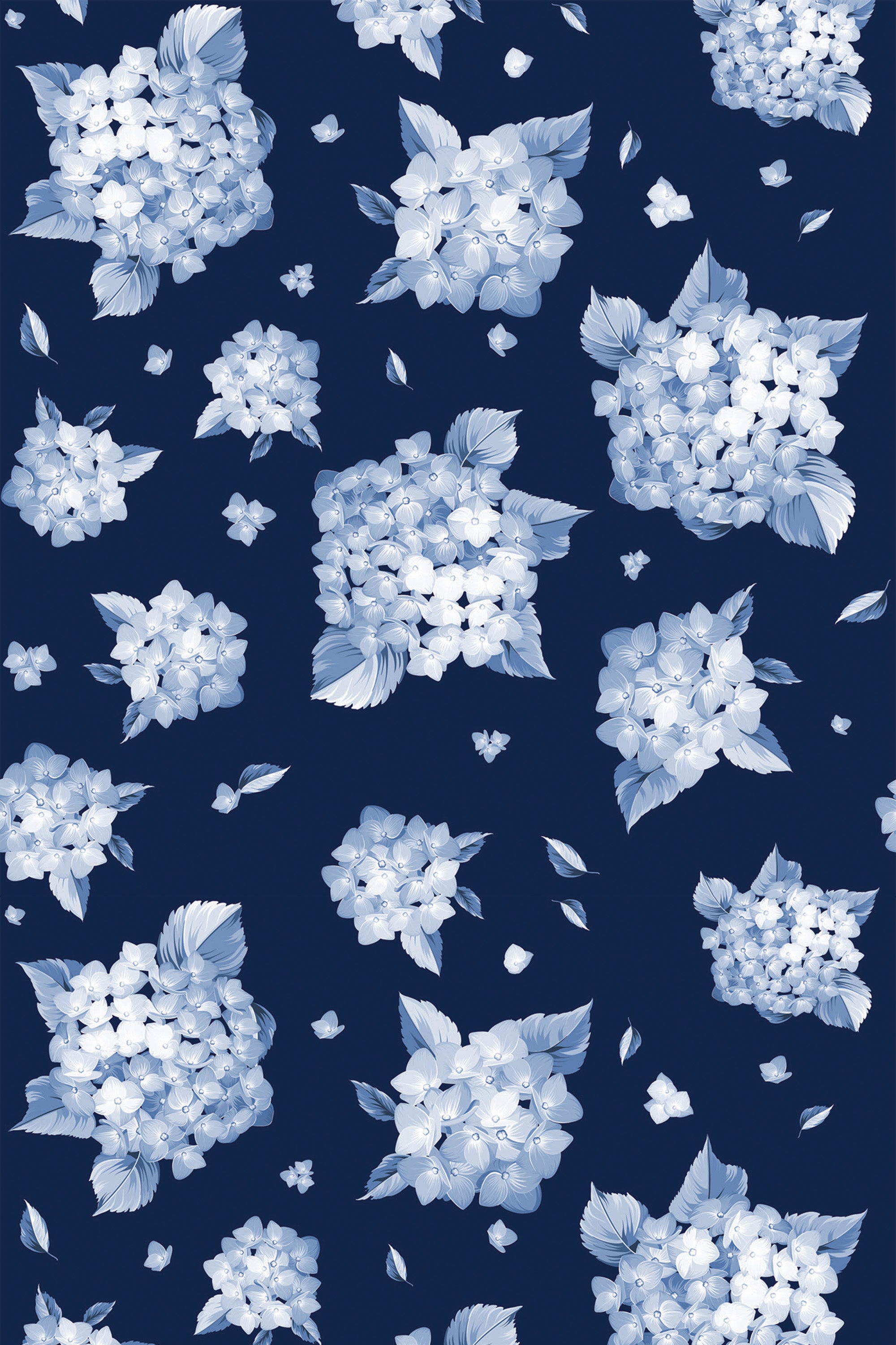 Blue and white floral clusters scattered on a deep navy background with delicate leaves and small petals. Peel and stick removable wallpaper.