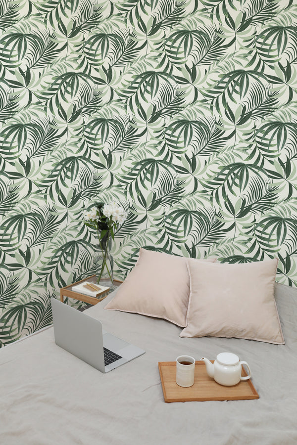 temporary wallpaper green tropical leaf pattern cozy romantic bedroom interior