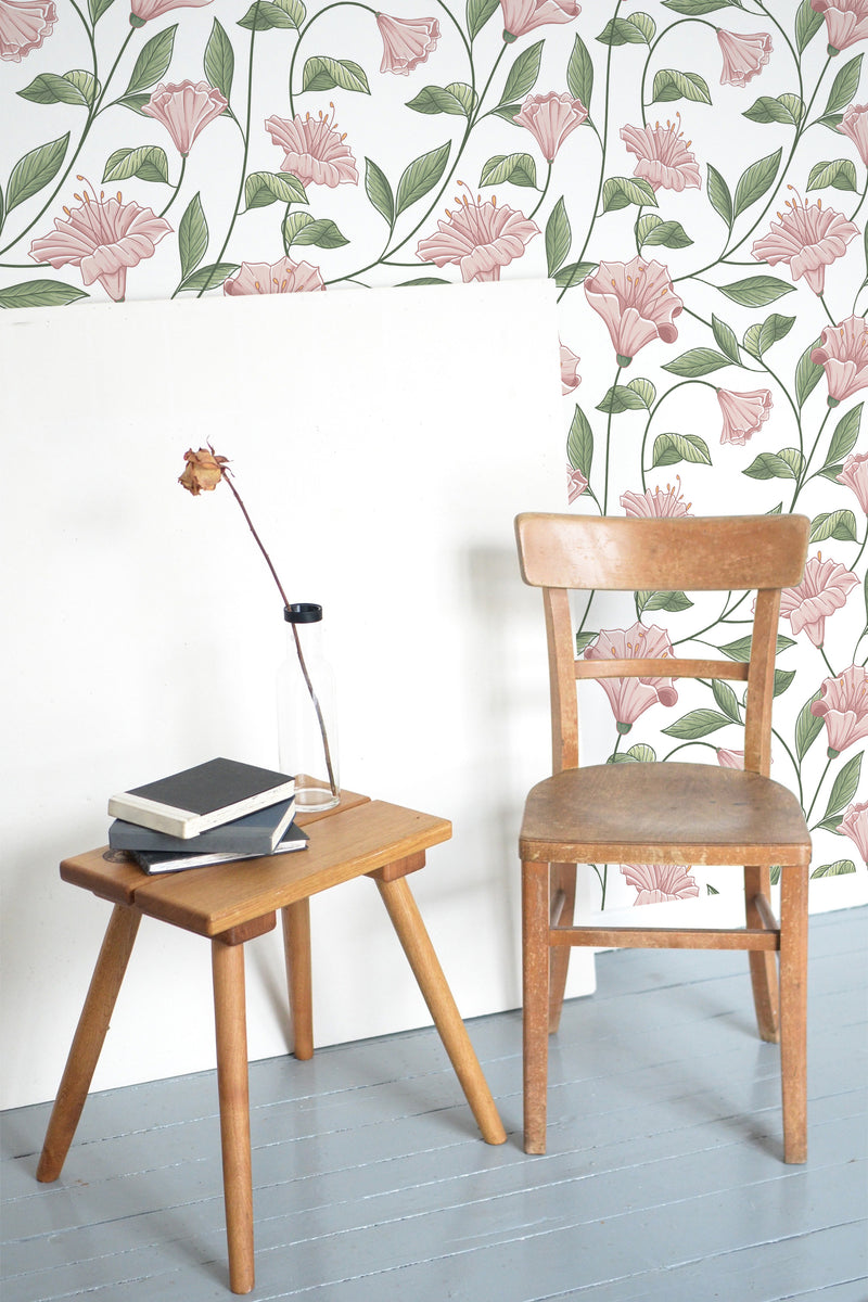 wooden table chair decorative plant blank canvas girly floral self adhesive wallpaper