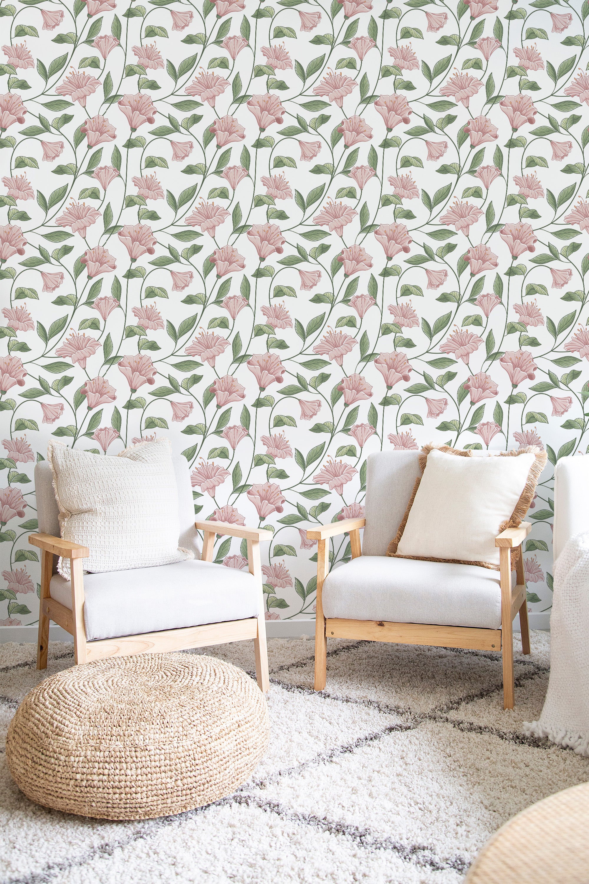 A floral wallpaper design with pink flowers and green leaves arranged in a delicate pattern on a white background, adding a charming and feminine touch. Traditional wallpaper.