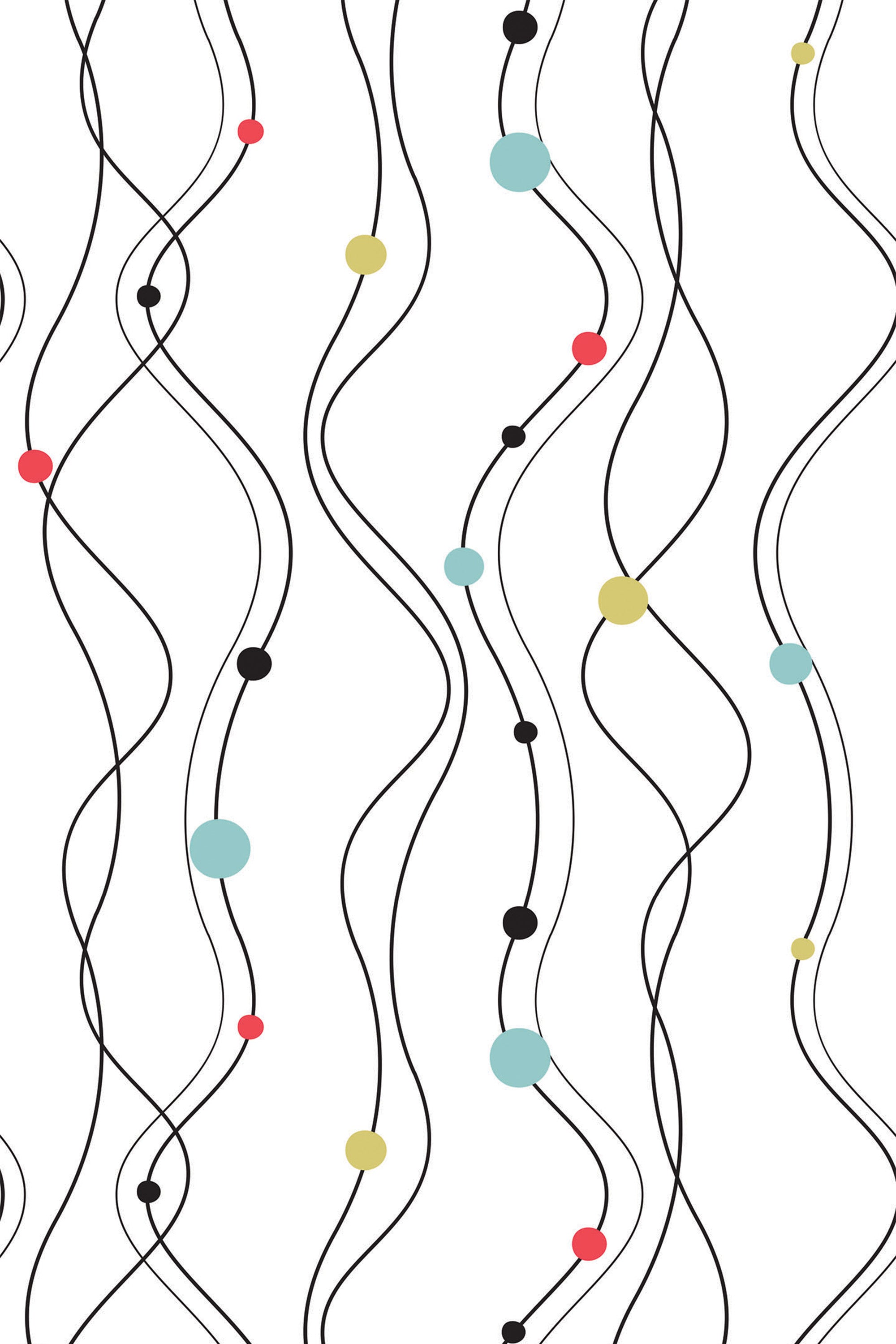 Flowing black lines in vertical wavy patterns with scattered circles in blue, red, yellow, and black on a white background. Peel and stick removable wallpaper.