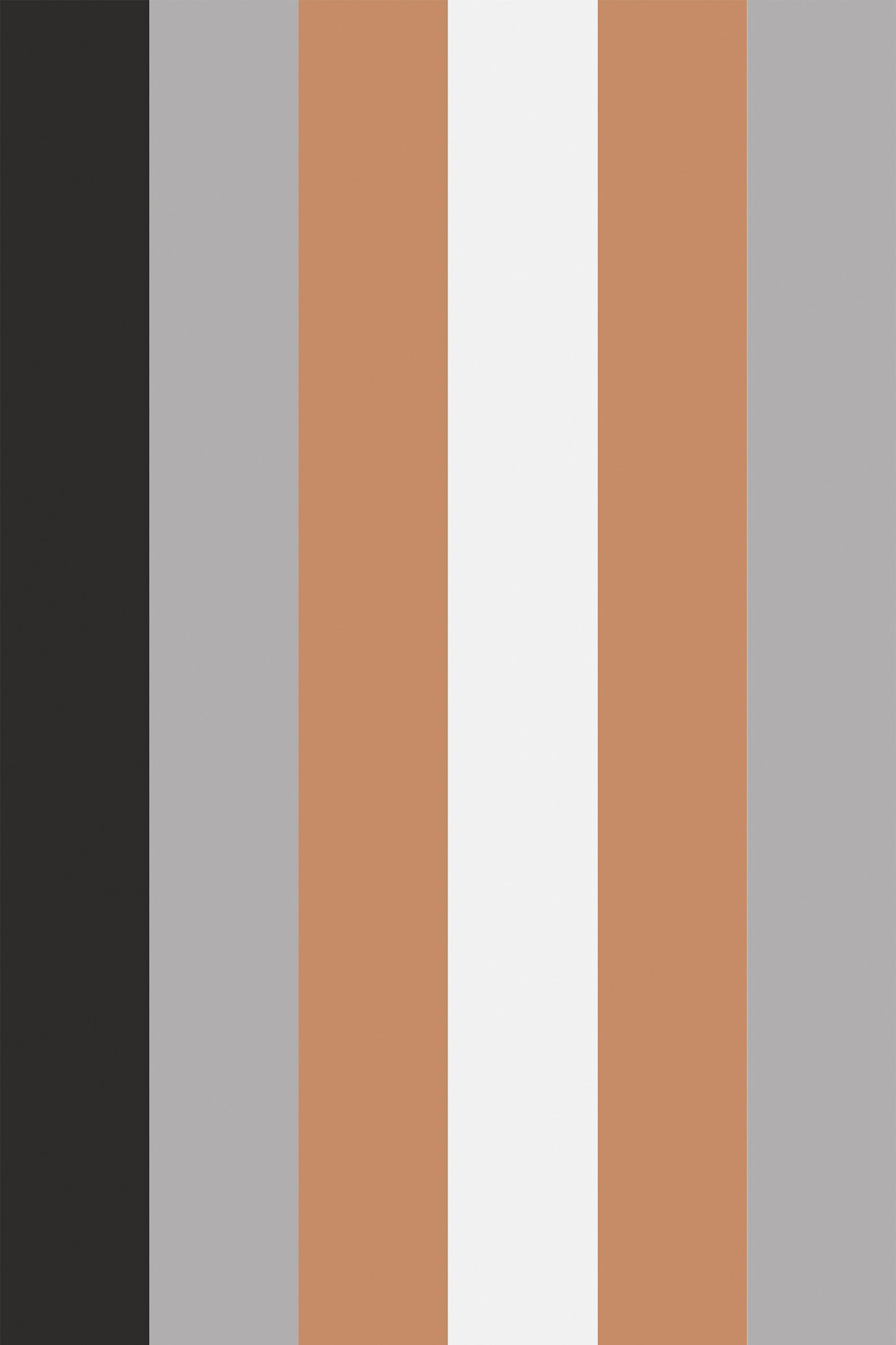 Vertical stripes in alternating colors of black, gray, brown, and white in a repeating pattern, peel and stick removable wallpaper.
