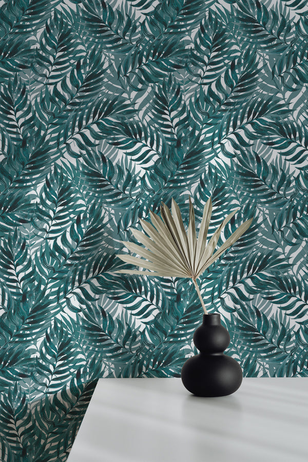 wallpaper peel and stick accent wall blue tropical leaf pattern decorative vase plant