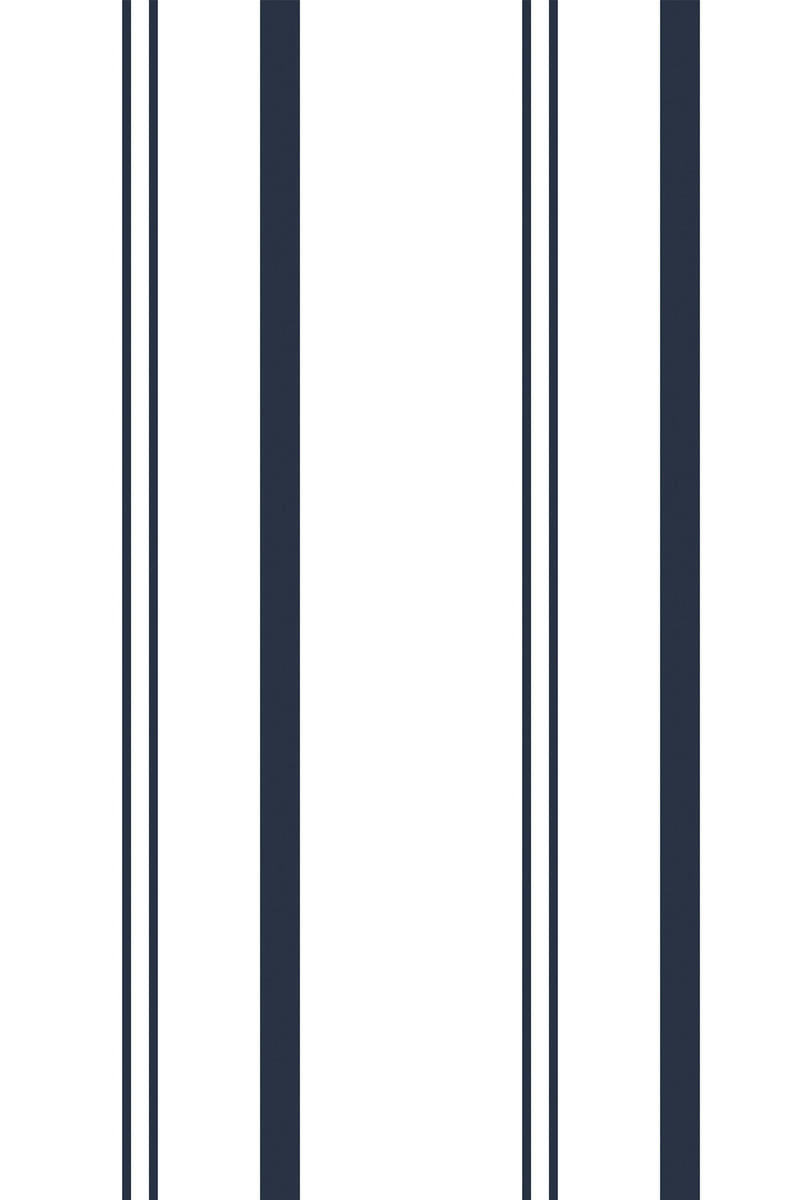 Navy blue vertical stripes on a white background with varying stripe widths, peel and stick removable wallpaper.