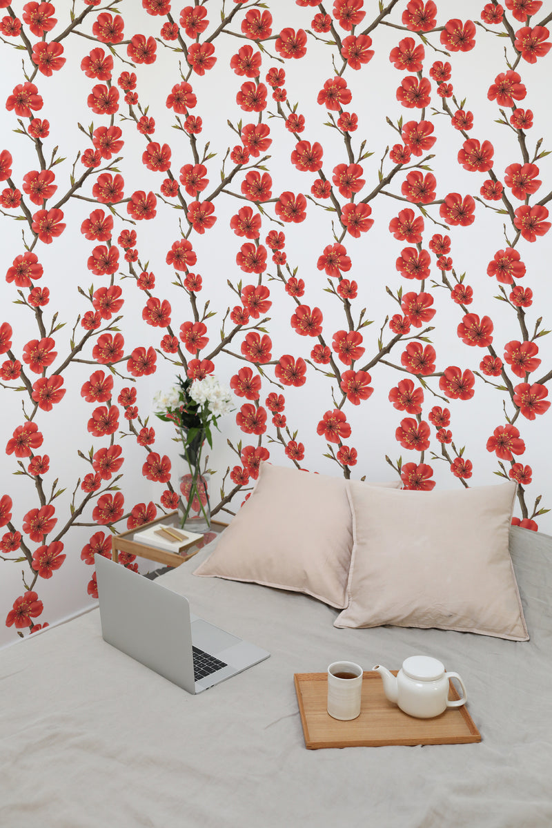 temporary wallpaper spring flowers pattern cozy romantic bedroom interior