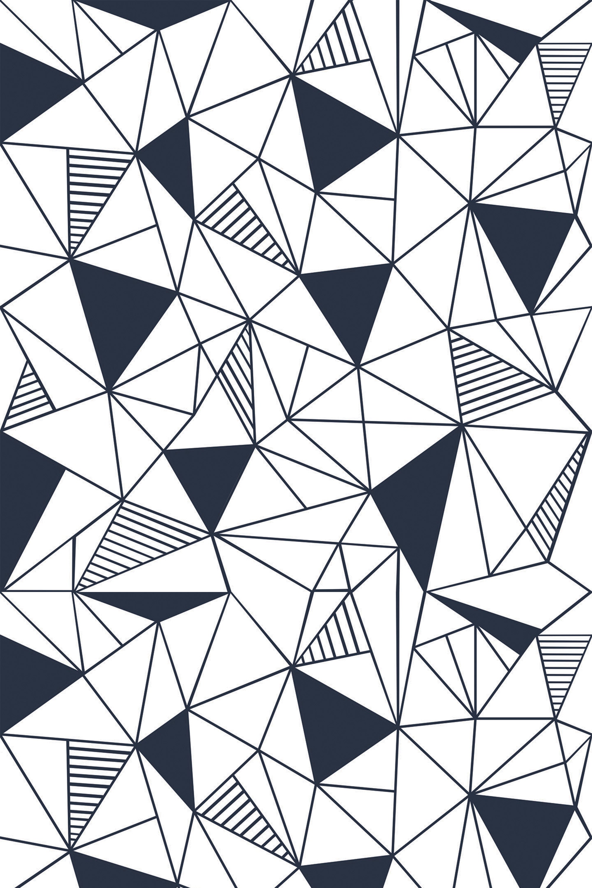 Navy mosaic pattern with interconnected geometric shapes, including triangles and polygons in various sizes, and thin navy lines on a crisp white background. Some triangles are filled with parallel stripes or solid navy, adding contrast and texture. Peel and stick removable wallpaper.