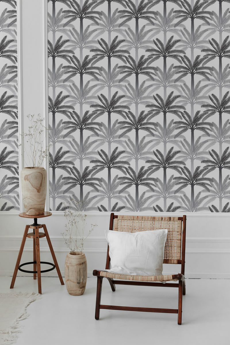 modern living room rattan chair decorative vase gray and black palm trees pattern