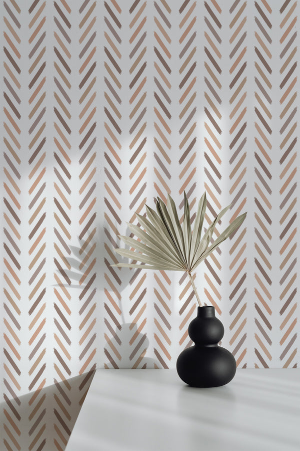 wallpaper peel and stick accent wall beige watercolor herringbone pattern decorative vase plant