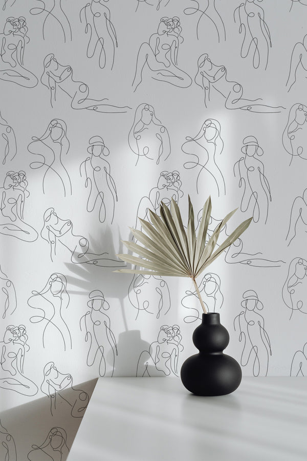 wallpaper peel and stick accent wall body line art pattern decorative vase plant