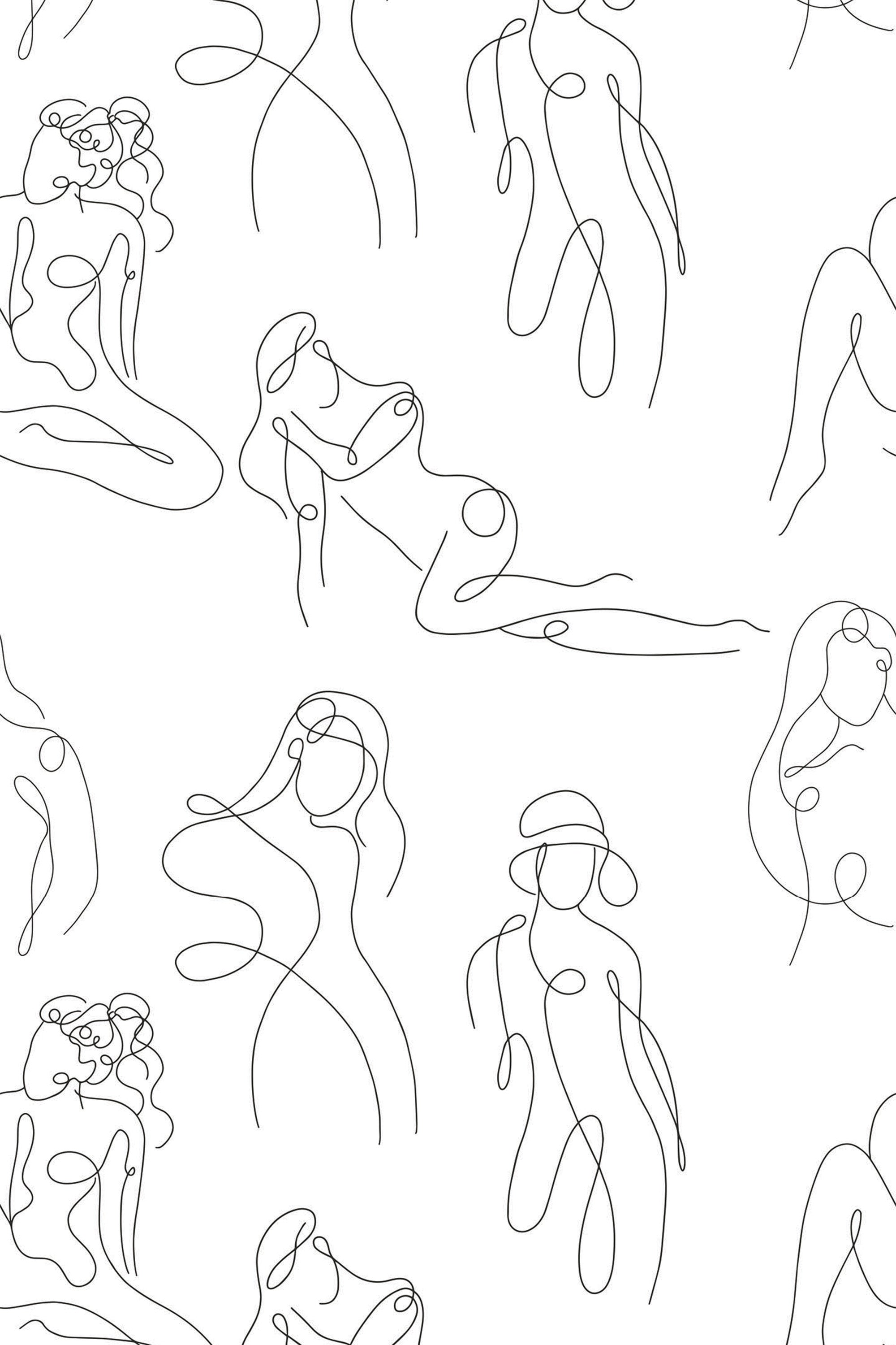 Continuous black line drawings of abstract human figures in various simple, fluid poses on a white background, peel and stick removable wallpaper.