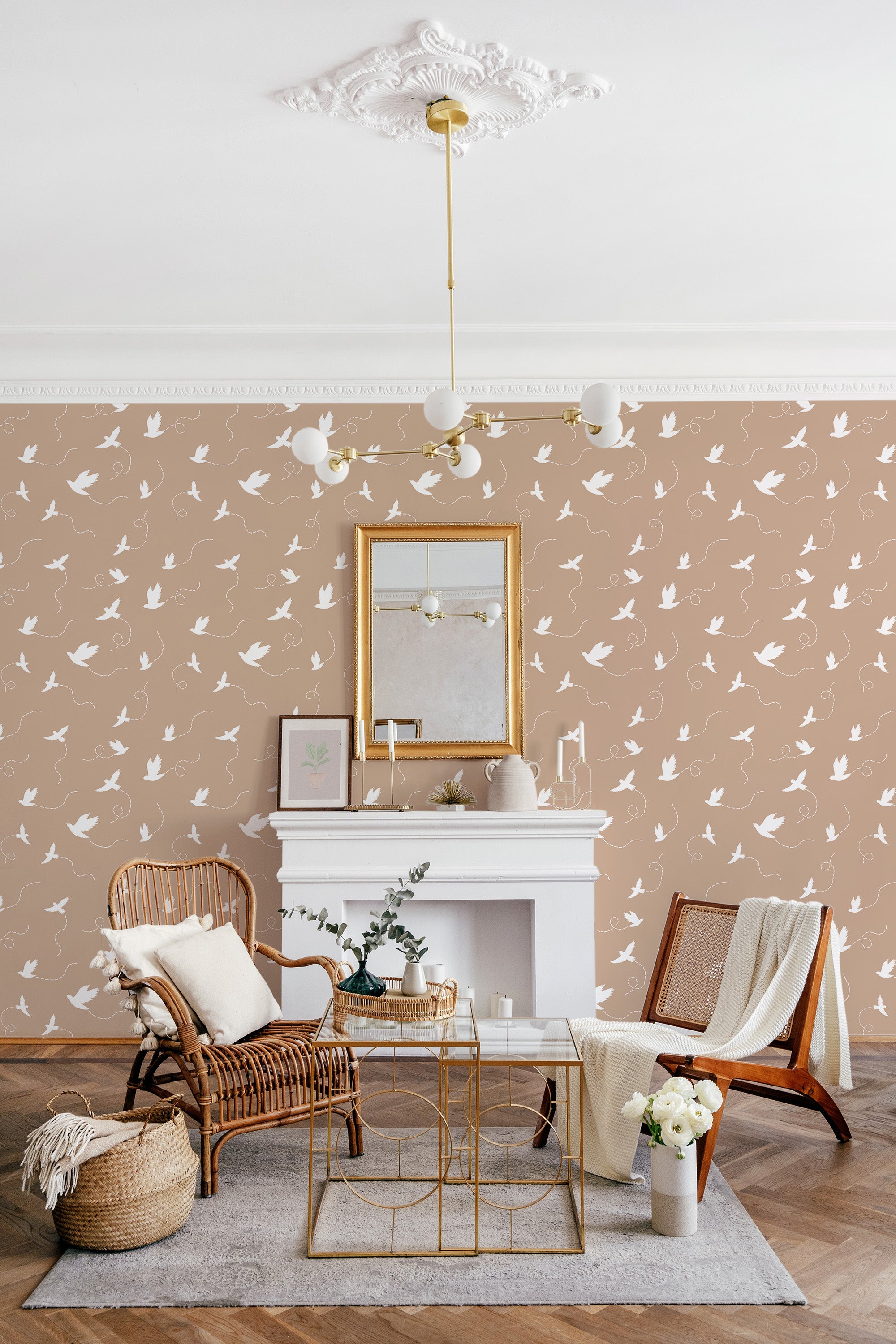 Wallpaper with a pattern of white birds in flight set against a soft brown background, creating a serene and elegant atmosphere that complements the room's natural, classic decor with rattan chairs and soft furnishings. Traditional wallpaper.