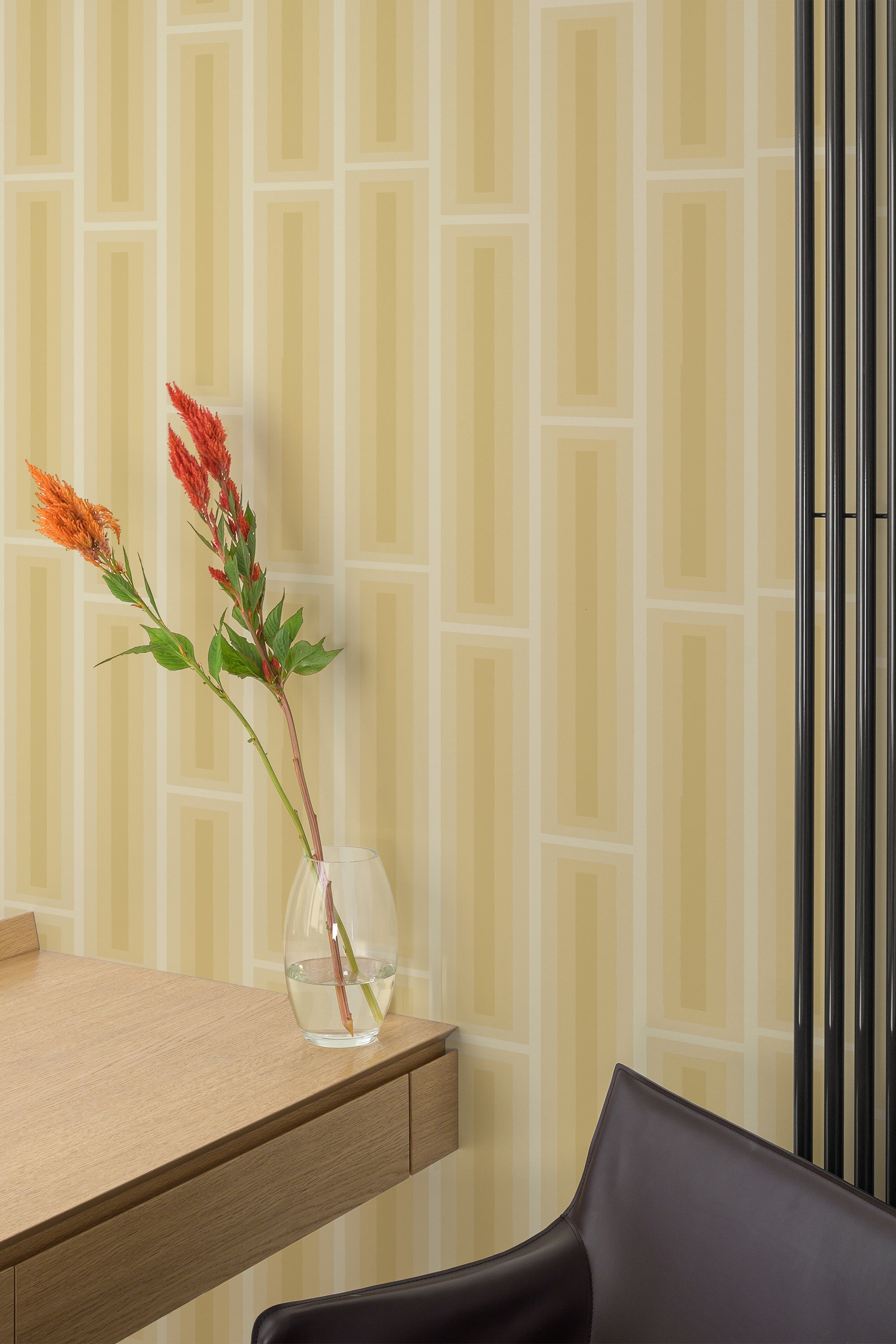 Self-adhesive wallpaper with a yellow retro geometric pattern, showcasing vertical stripes and rectangular shapes in varying shades of yellow, creating a bold, mid-century modern look.