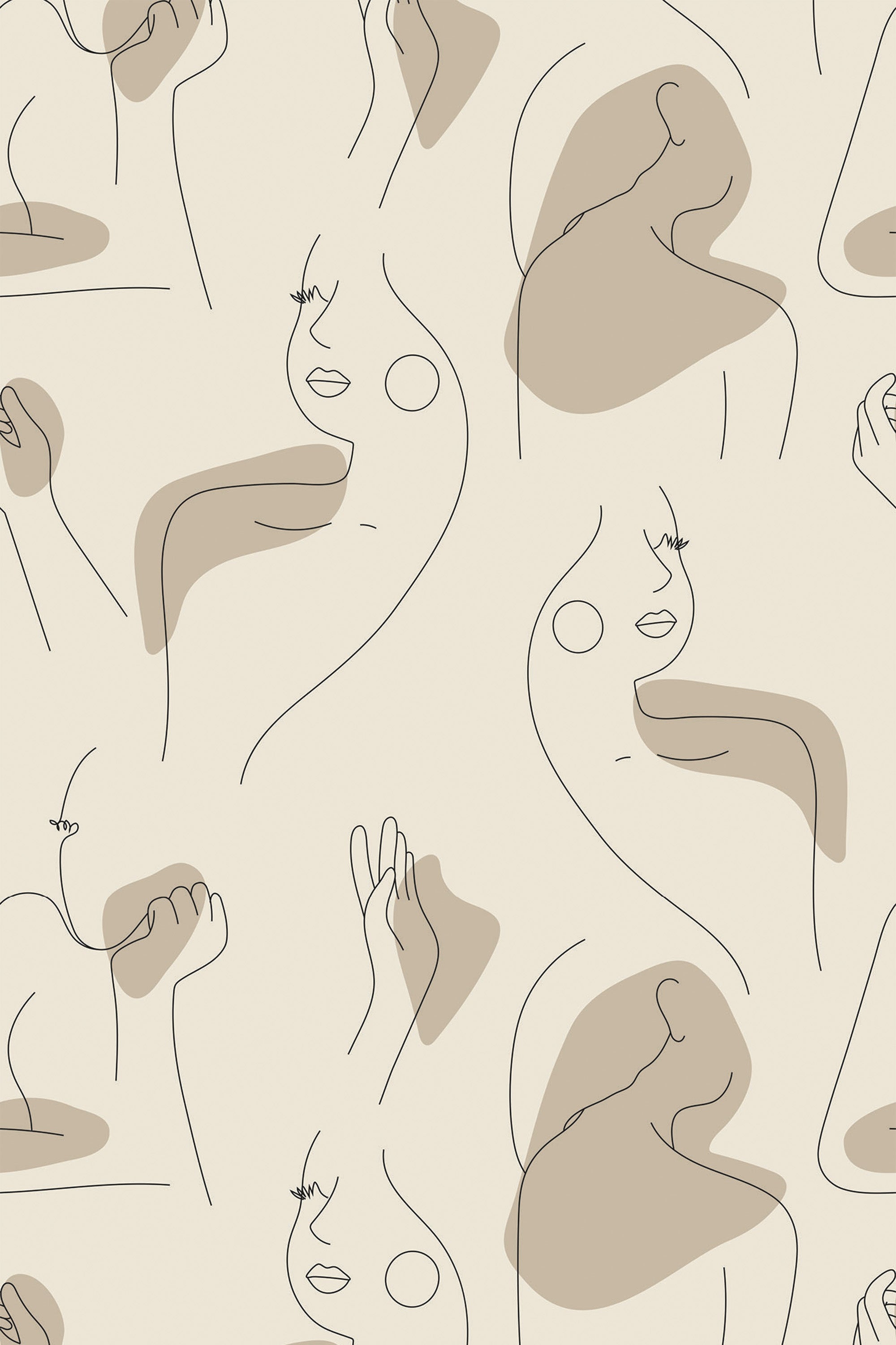 Abstract, minimalist wallpaper with continuous black line drawings of faces and bodies, accented by soft beige and taupe shapes on a light cream background. Peel and stick removable wallpaper.
