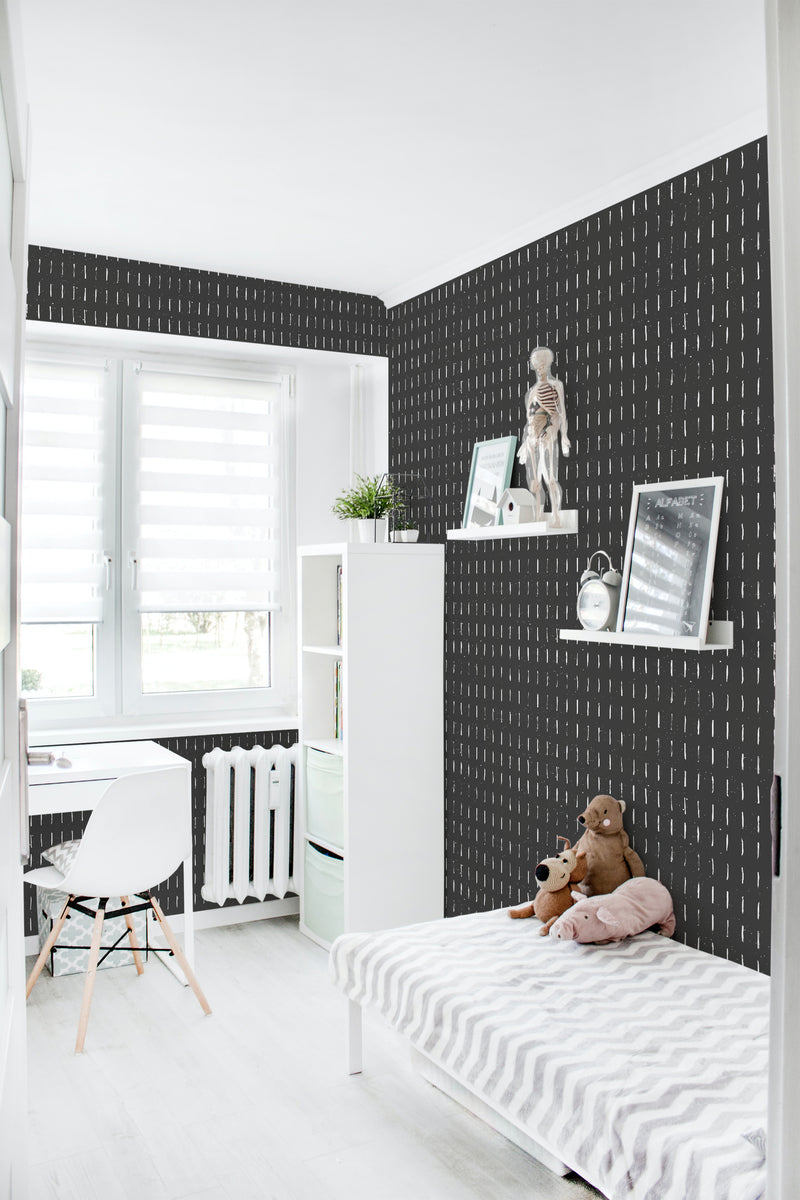 Wallpaper with a black background and evenly spaced vertical short white lines, enhancing a modern monochrome aesthetic. Traditional wallpaper.