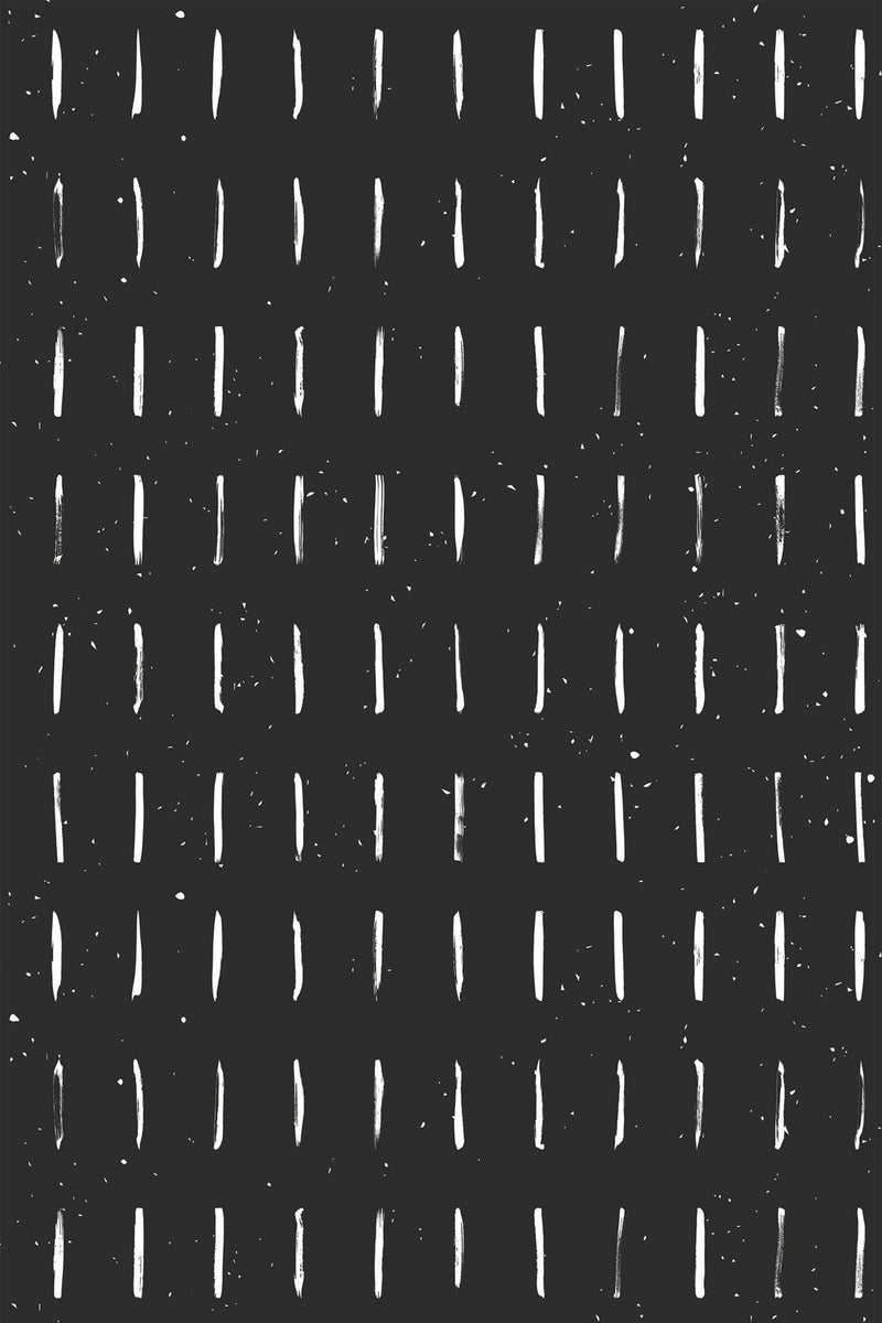 Black background with a pattern of thin, vertical white short lines arranged in a grid, creating a modern, minimalistic design. Peel and stick removable wallpaper.