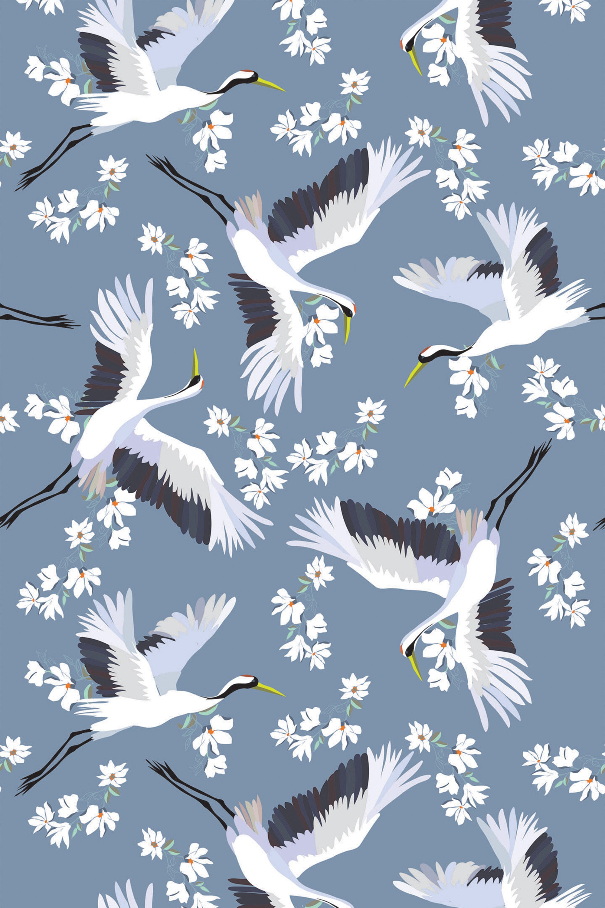 Elegant herons gracefully flying among clusters of white flowers on a soft blue background, creating a serene and nature-inspired aesthetic for peel and stick removable wallpaper.