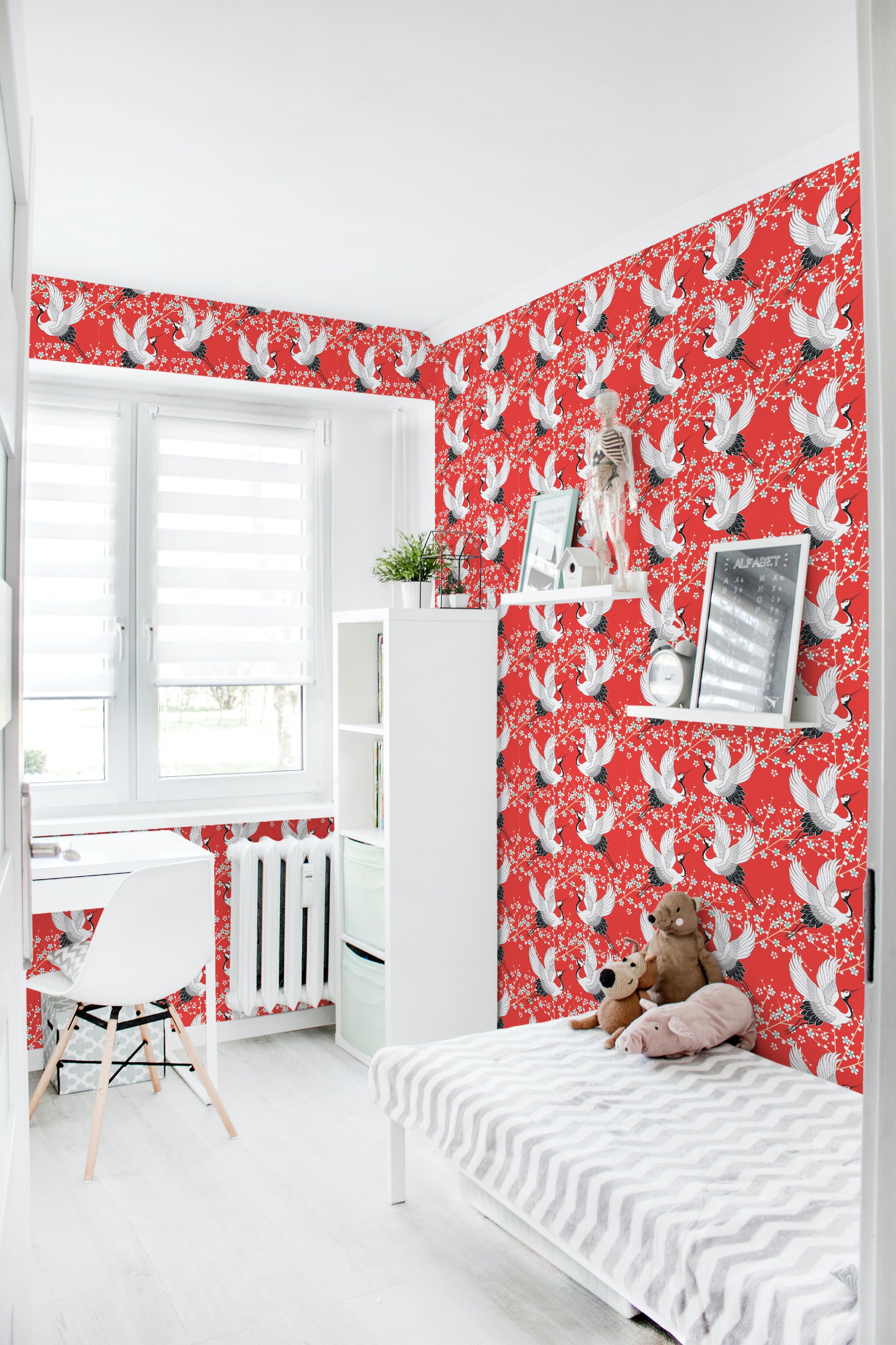 Red wallpaper adorned with white cranes in flight, interspersed with white flowers and branches, creating a vibrant and intricate design. Traditional wallpaper.