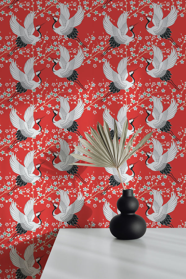 wallpaper peel and stick accent wall oriental motif pattern decorative vase plant