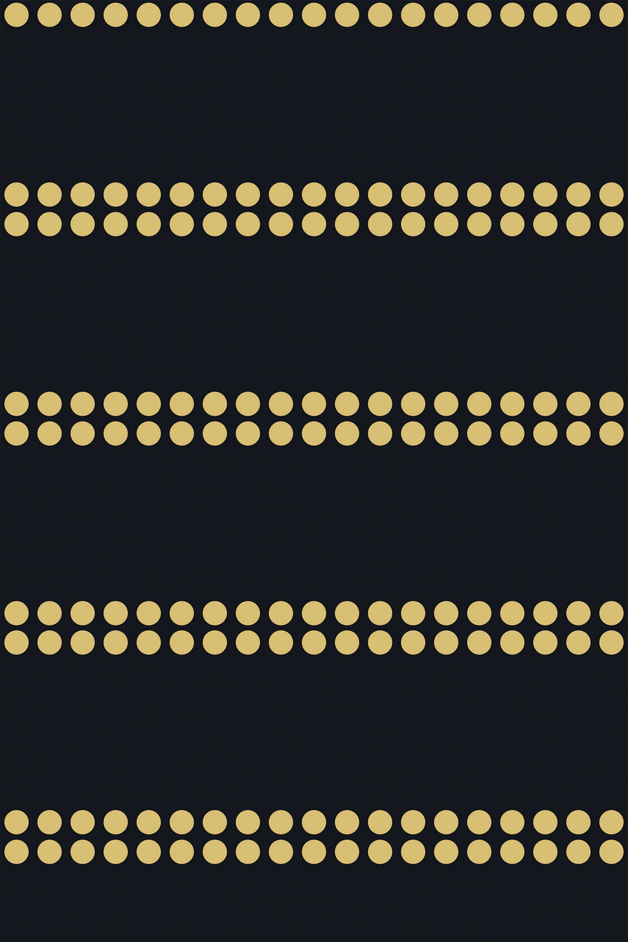 A wallpaper design with rows of evenly spaced gold dots aligned horizontally on a solid black background. The pattern repeats seamlessly to create a modern, stylish look. Peel and stick removable wallpaper.