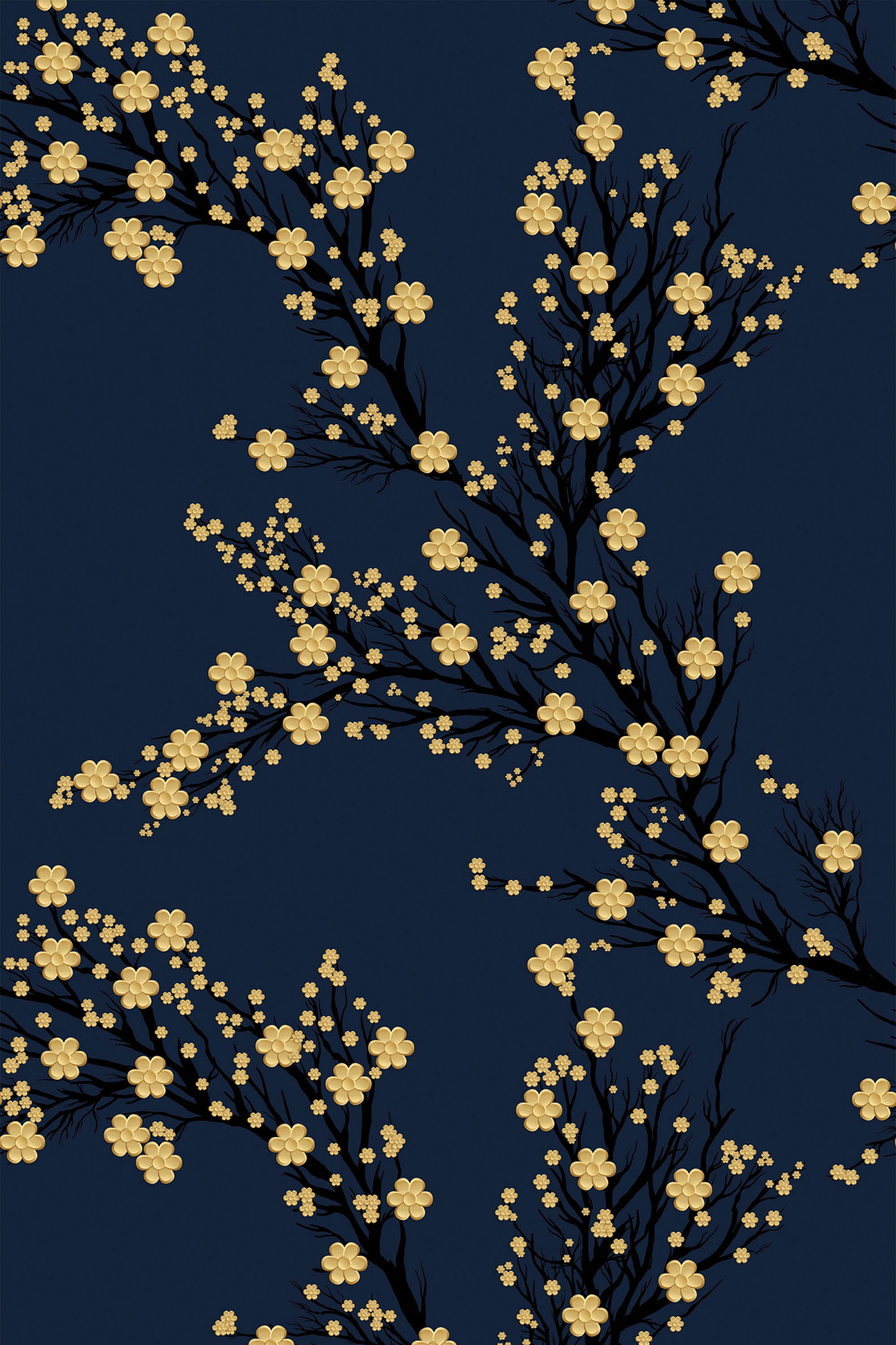Navy blue wallpaper with branches adorned with clusters of small, golden flowers, creating a delicate and elegant pattern. Peel and stick removable wallpaper.