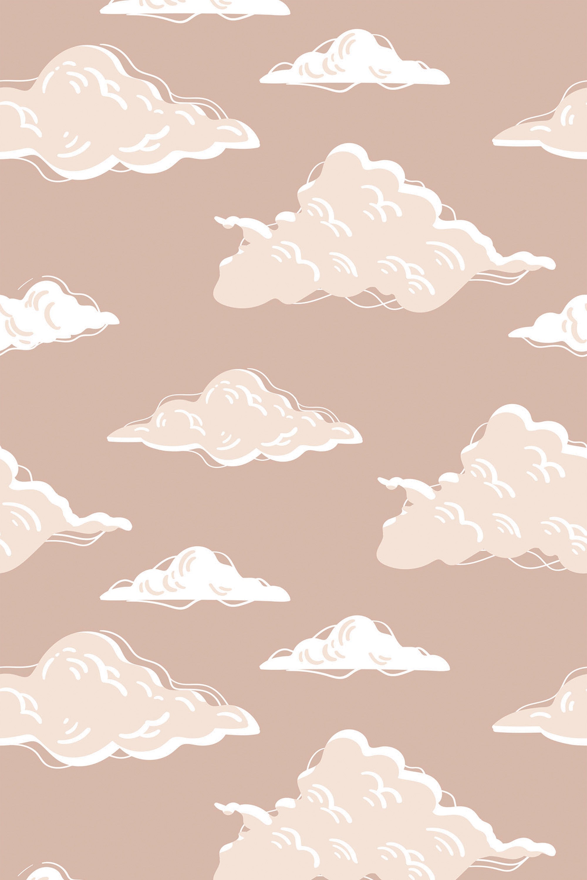 Pattern of soft, fluffy white clouds scattered against a muted beige background. The clouds vary in size and shape, creating a calming, neutral atmosphere. Peel and stick removable wallpaper.