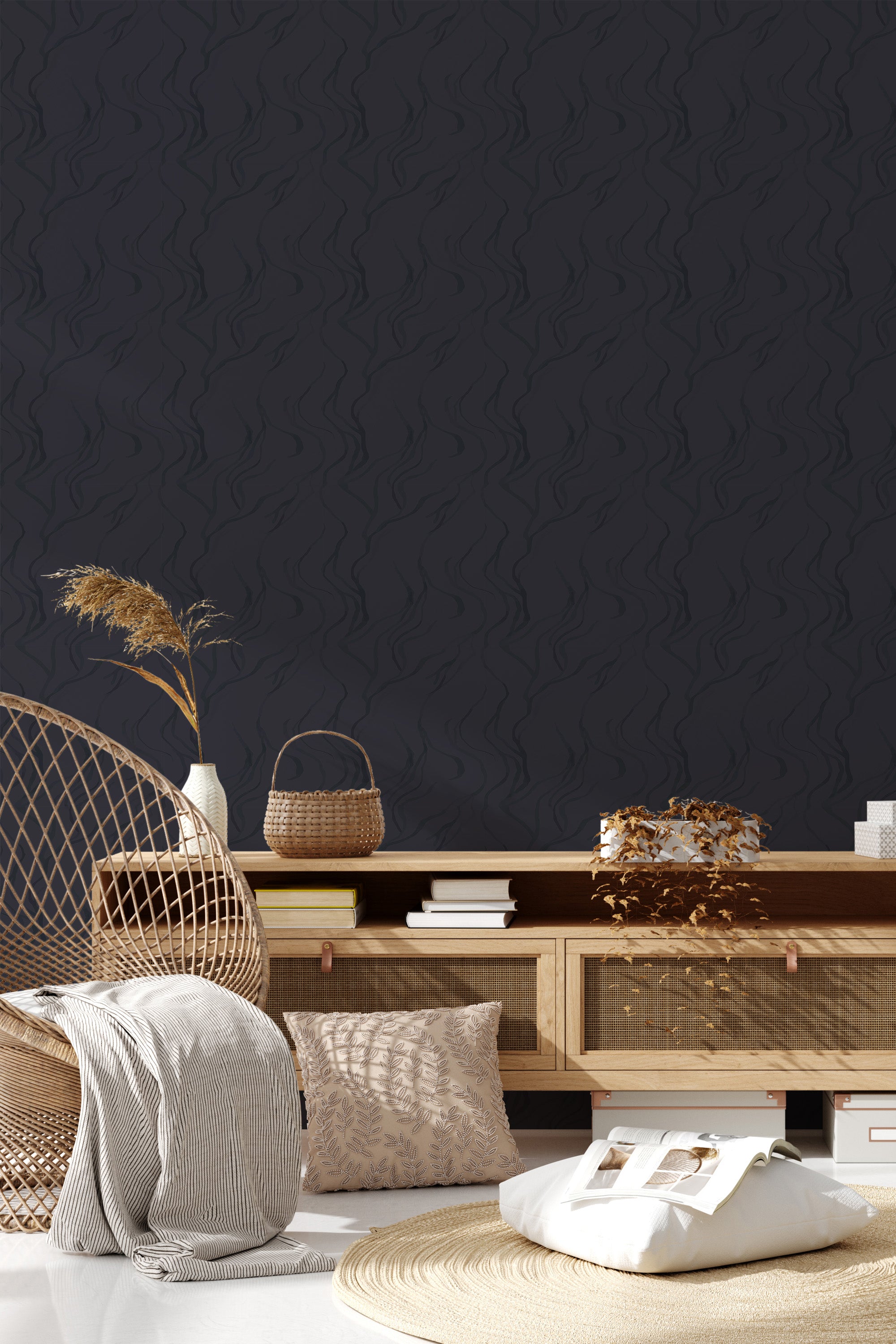 Black wallpaper with subtle, wavy vertical lines adding texture and depth to a contemporary space, complementing natural wooden elements in the room. Traditional wallpaper.