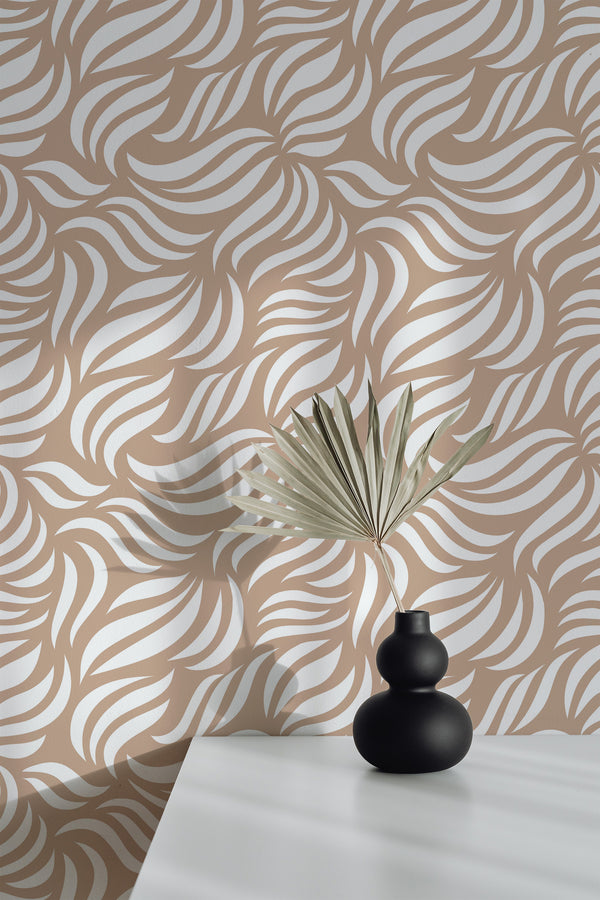 wallpaper peel and stick accent wall neutral abstract leaf pattern decorative vase plant