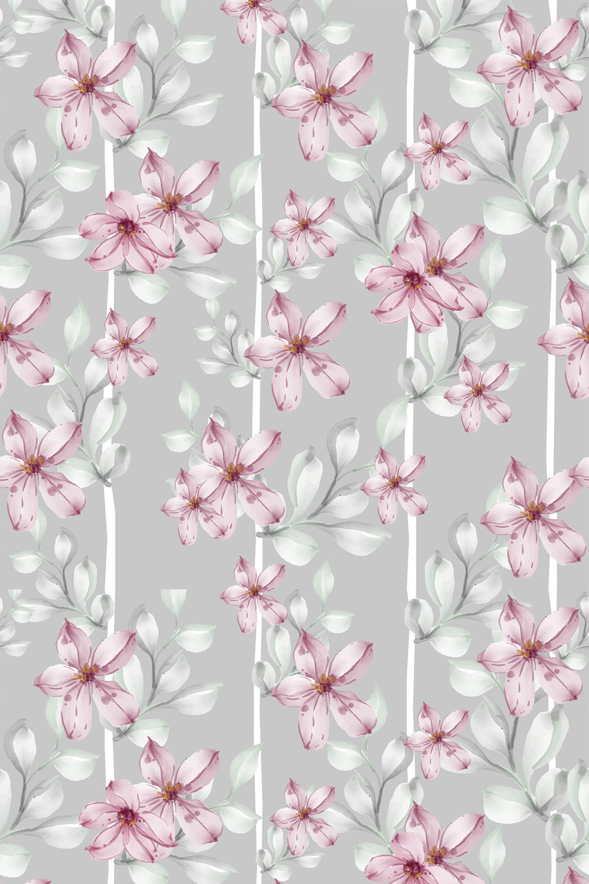 A delicate pattern of pink and white flowers with light green leaves on a soft gray background, peel and stick removable wallpaper.