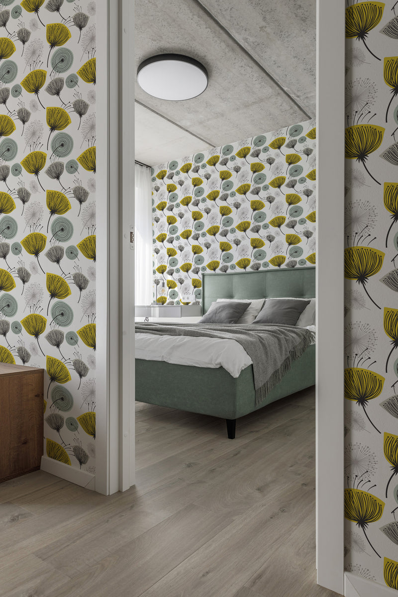 modern bedroom cushions concrete ceiling mid-century dandelion accent wall