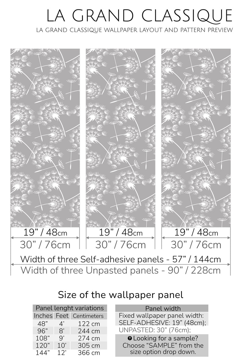 seamless dandelion peel and stick wallpaper specifiation