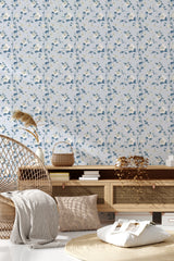 living room rattan furniture decorative plant blue floral wall decor