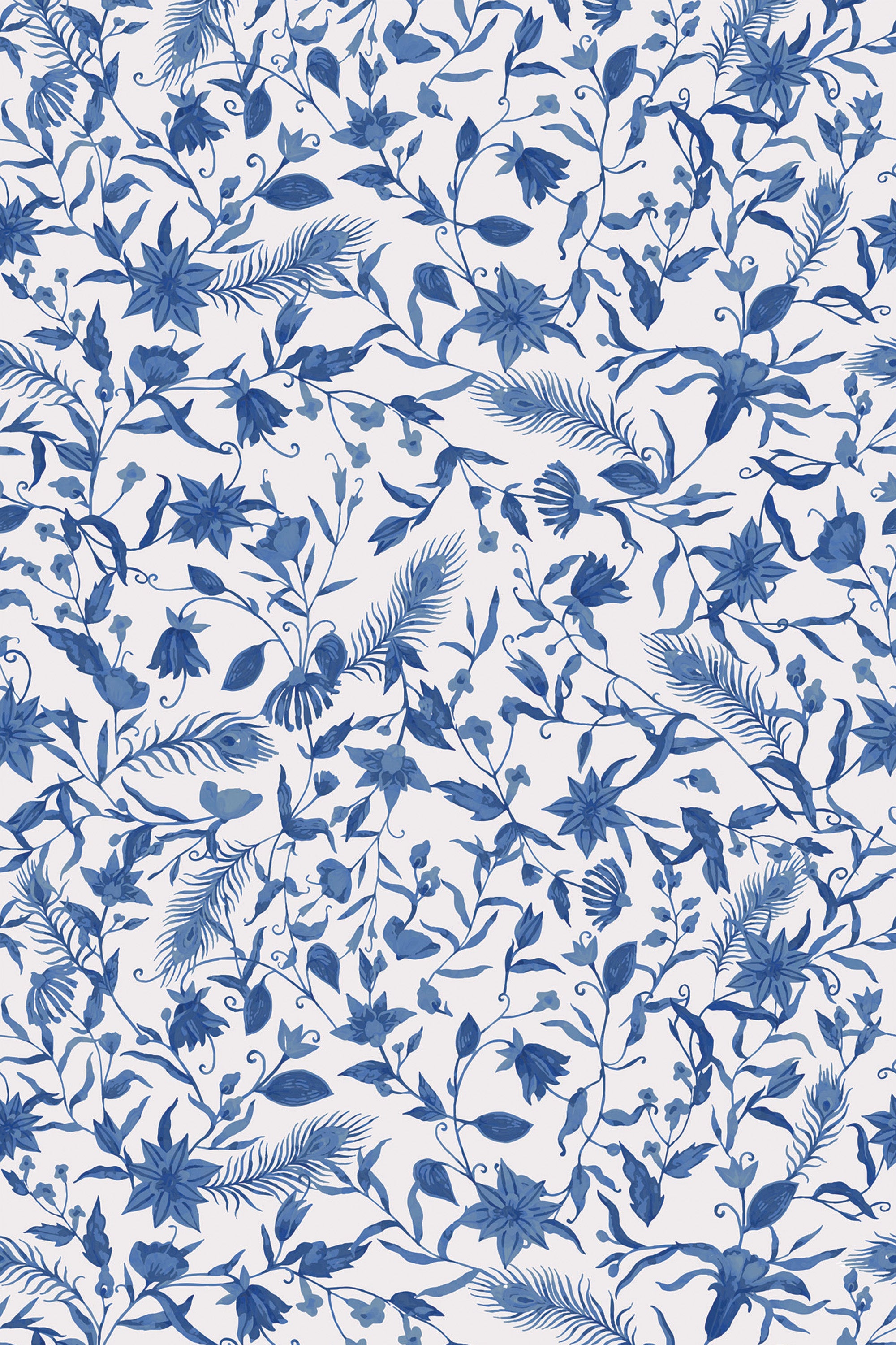 A repeating pattern of intricate blue floral and foliage motifs arranged on a white background with delicate vines and leaves creating a textured botanical design, peel and stick removable wallpaper.