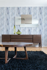 contemporary living room dark wood furniture blue lines peel and stick wallpaper