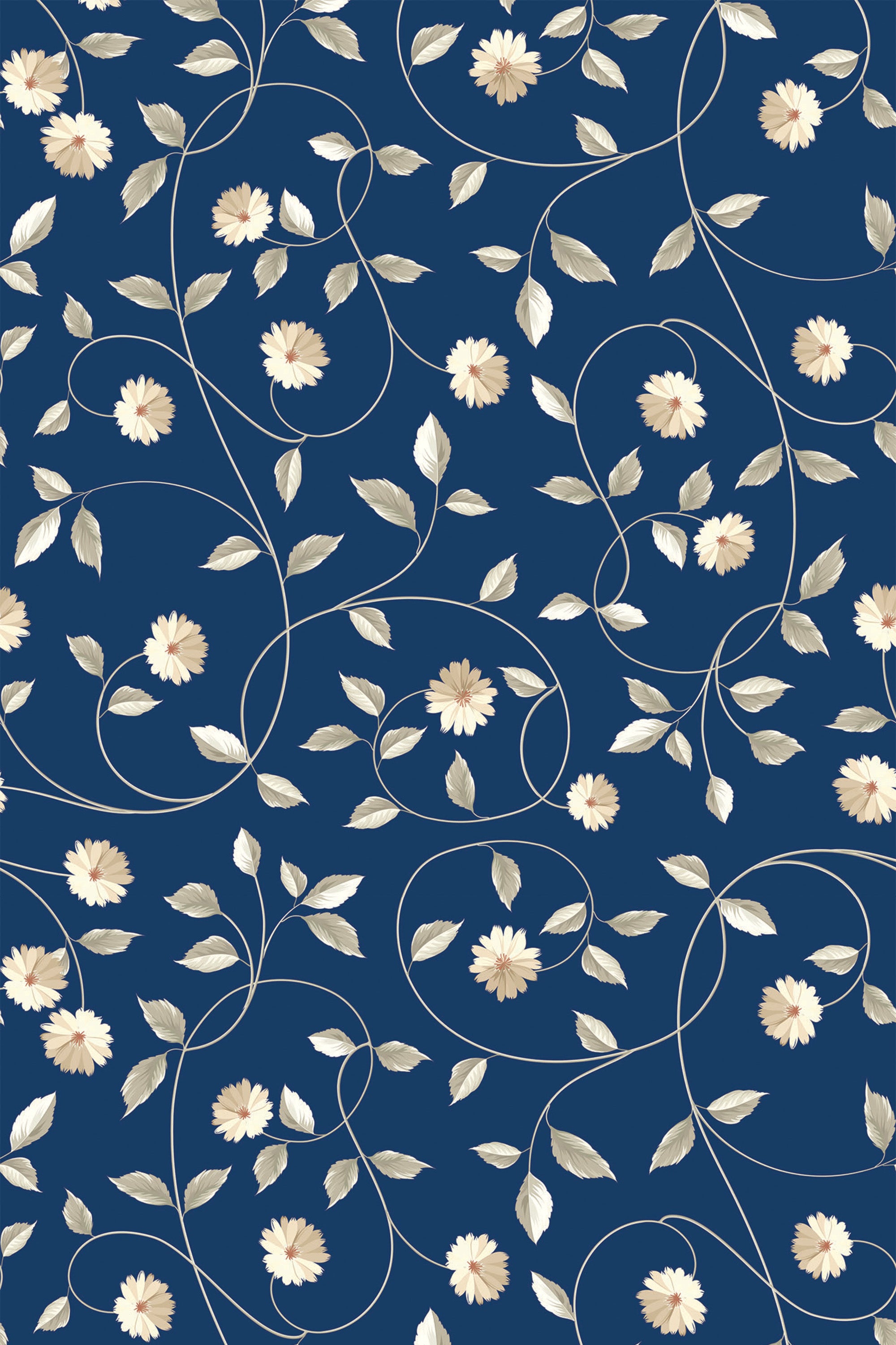A repeating design of delicate golden-brown flowers with swirling vines and leaves on a deep blue background. Peel and stick removable wallpaper.