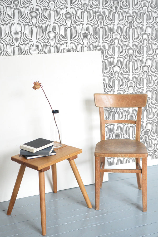 wooden table chair decorative plant blank canvas art deco line arch self adhesive wallpaper