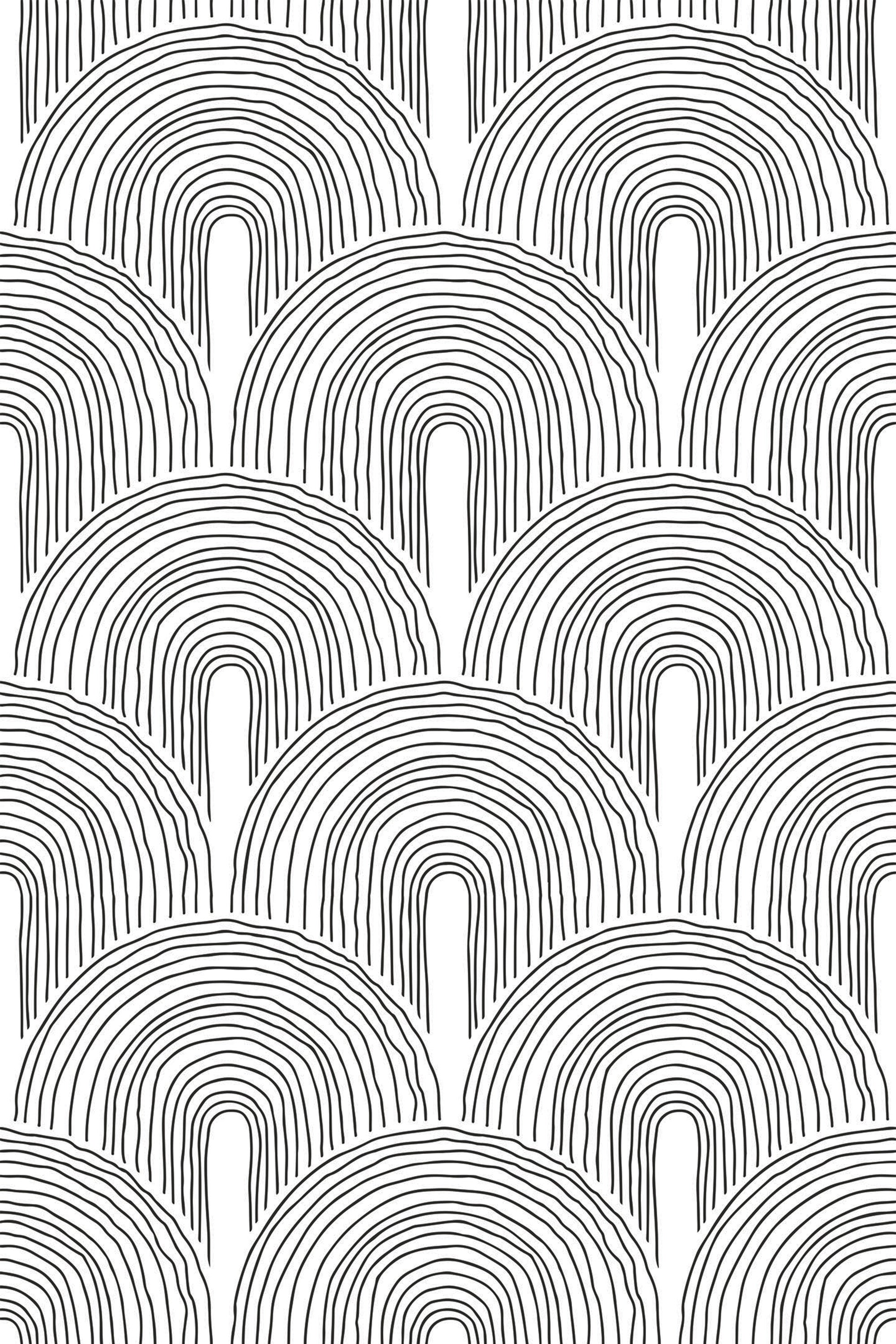 Black and white Art Deco line arch pattern with repetitive semi-circular arches created by thin, curved lines. Peel and stick removable wallpaper.