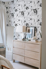         
peel and stick wallpaper aesthetic floral accent wall bedroom dresser mirror minimalist interior