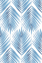 Blue palm leaves arranged in a vertical, repeating pattern against a white background. Peel and stick removable wallpaper.