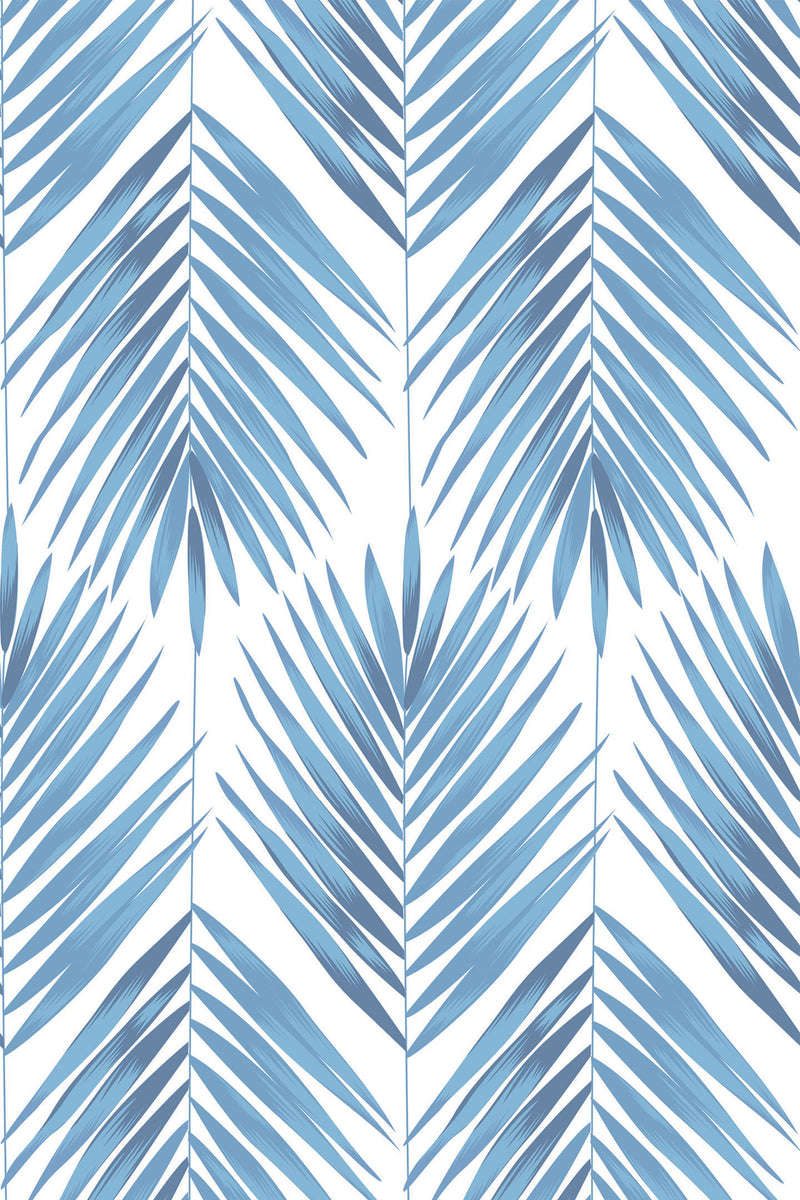 Blue palm leaves arranged in a vertical, repeating pattern against a white background. Peel and stick removable wallpaper.