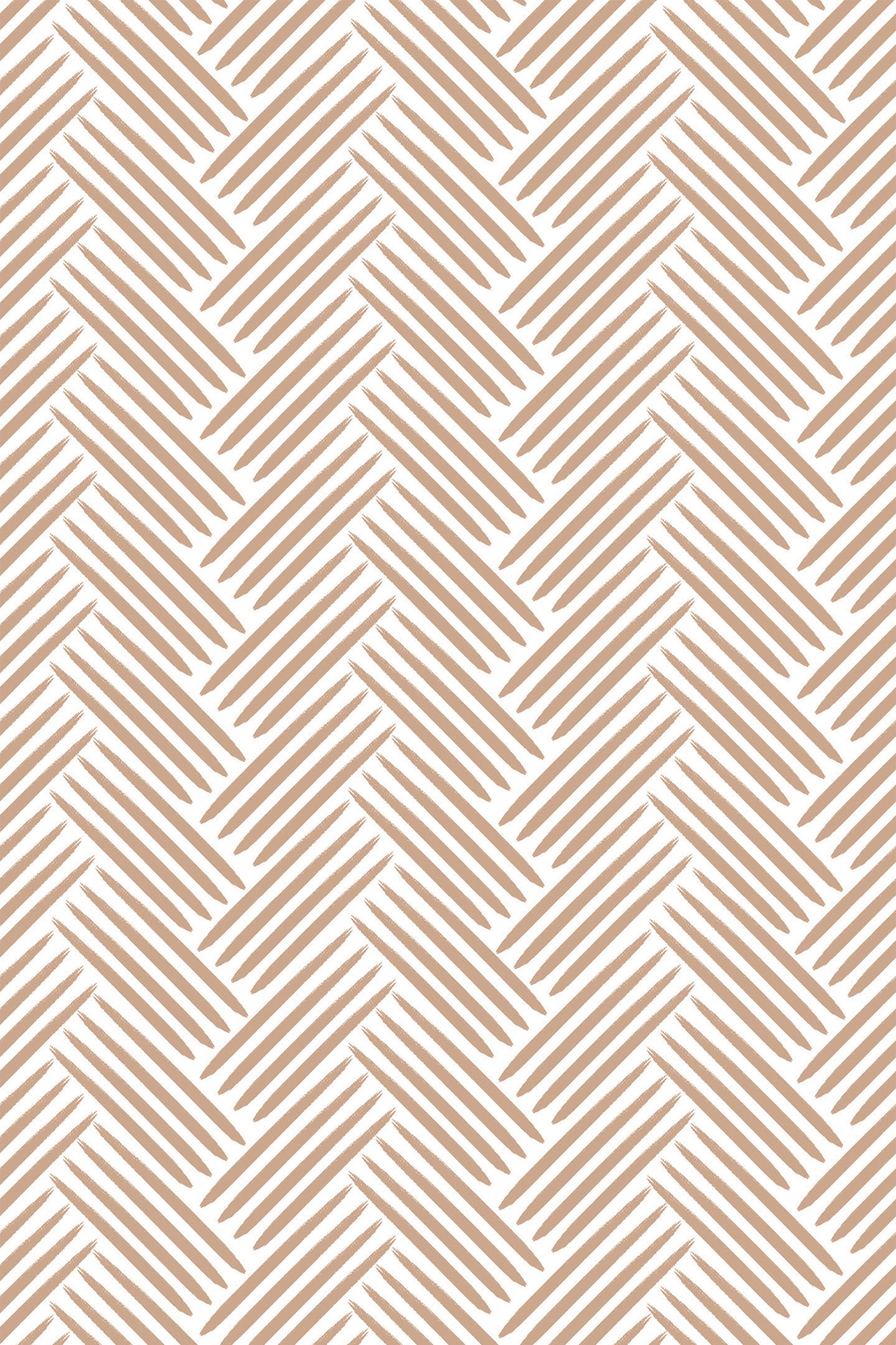 A repeating Brush herringbone pattern with diagonal brushstroke lines in warm brown on a white background, forming a chevron-like design. Peel and stick removable wallpaper.