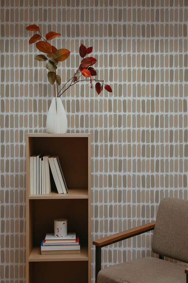 self-adhesive wallpaper beige brush stroke pattern bookshelf armchair decorative plant interior