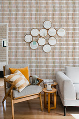 living room cozy sofa armchair pillows decor beige brush stroke peel stick wallpaper