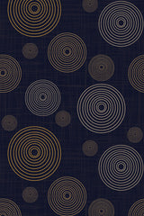 Pattern of concentric circles in varying sizes, with alternating colors of blue, white, and orange on a dark navy background. Peel and stick removable wallpaper.