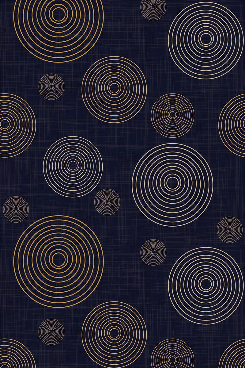 Pattern of concentric circles in varying sizes, with alternating colors of blue, white, and orange on a dark navy background. Peel and stick removable wallpaper.