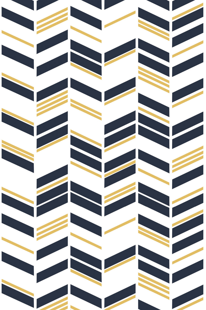 Art deco chevron pattern with alternating black and gold diagonal lines on a white background. Peel and stick removable wallpaper.