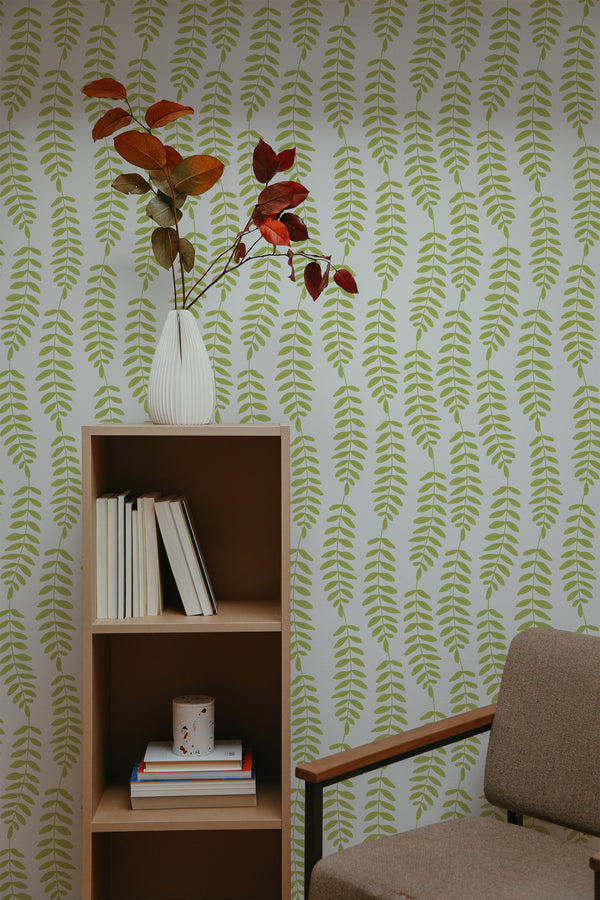 self-adhesive wallpaper green leaf line pattern bookshelf armchair decorative plant interior