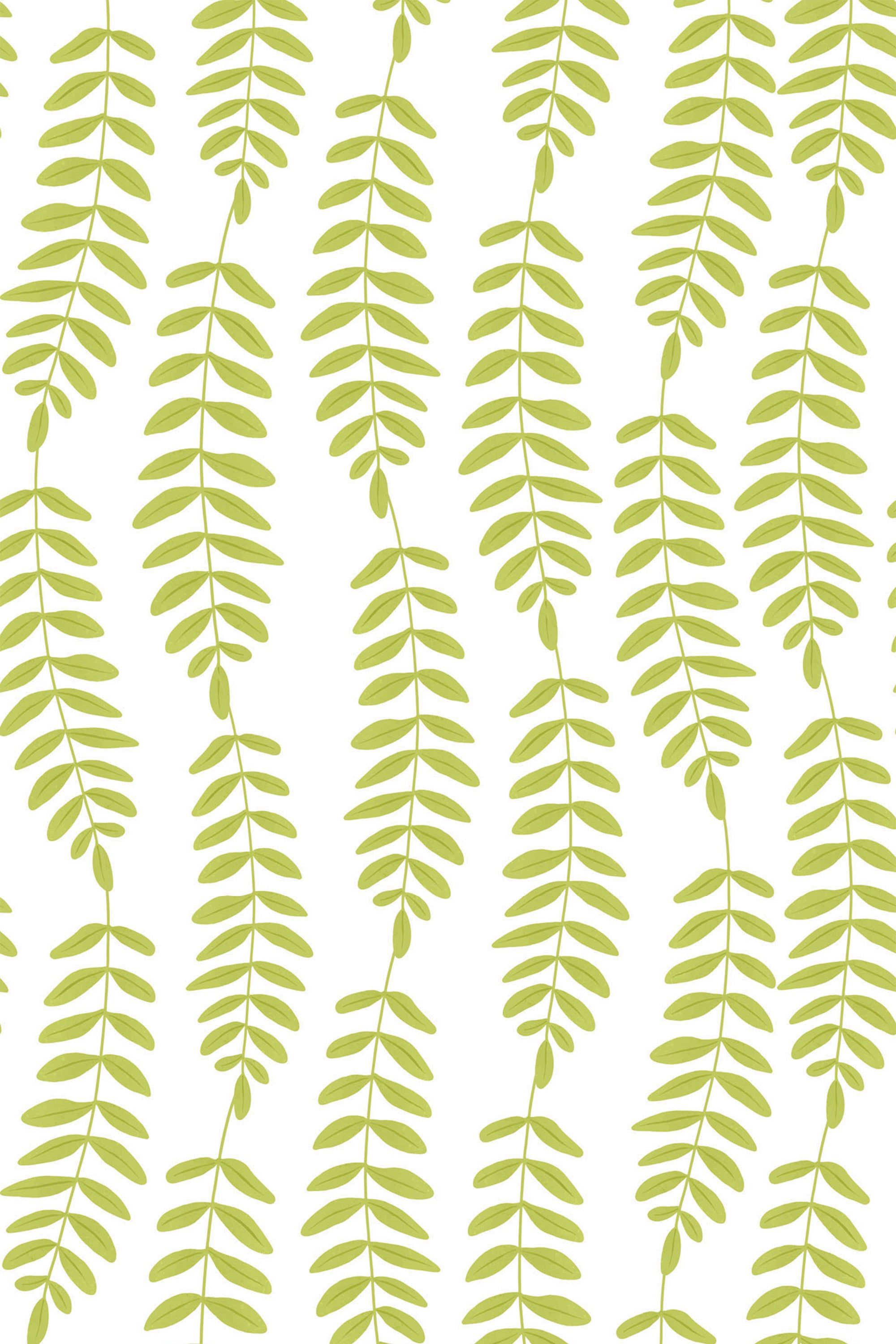 Green leaf line pattern with vertical rows of simple, stylized fern-like leaves in light green on a white background, peel and stick removable wallpaper.
