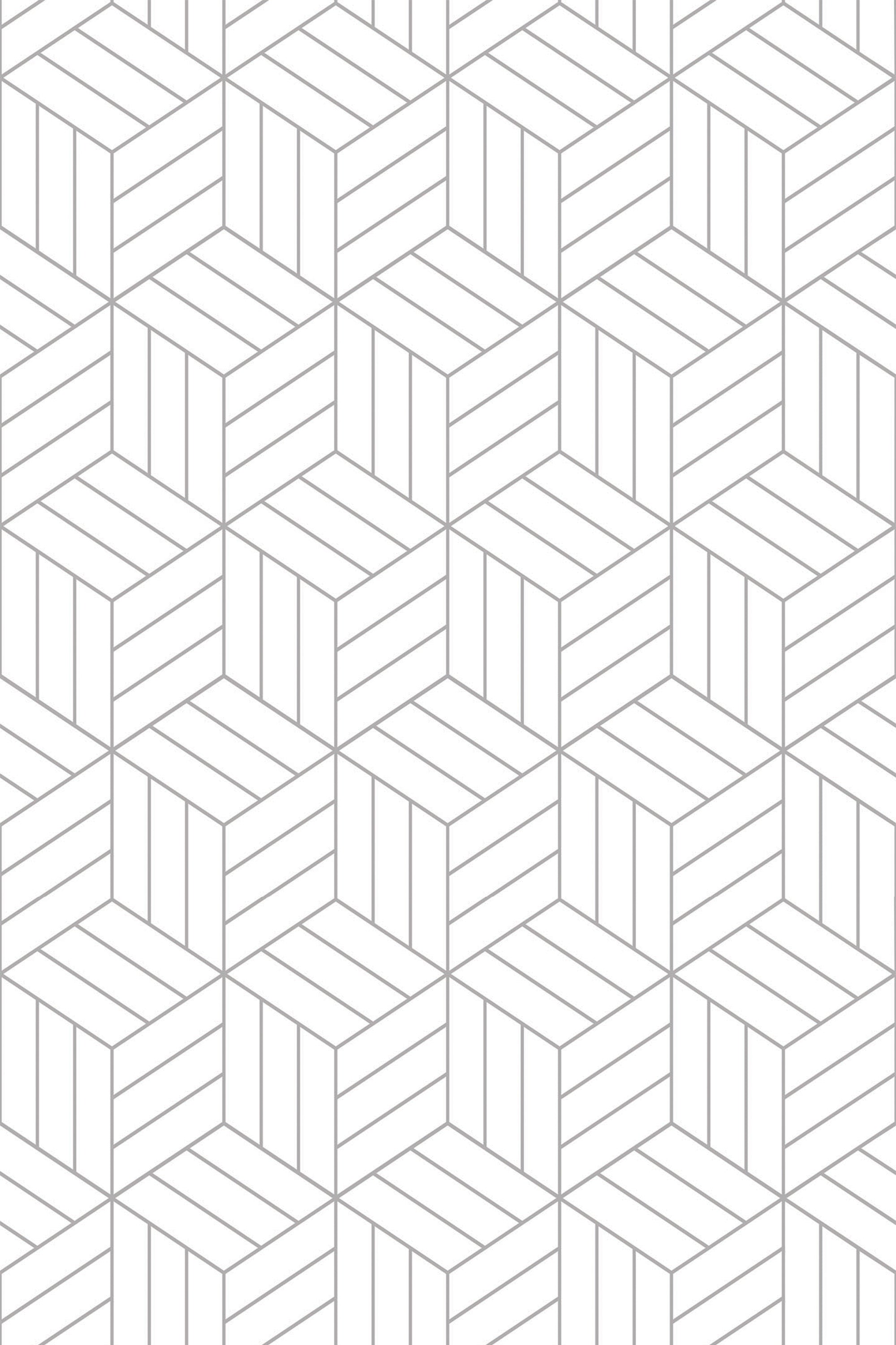 White background with a repeating pattern of interlocking hexagons made of thin, grey lines creating a three-dimensional, cube-like effect. Peel and stick removable wallpaper.