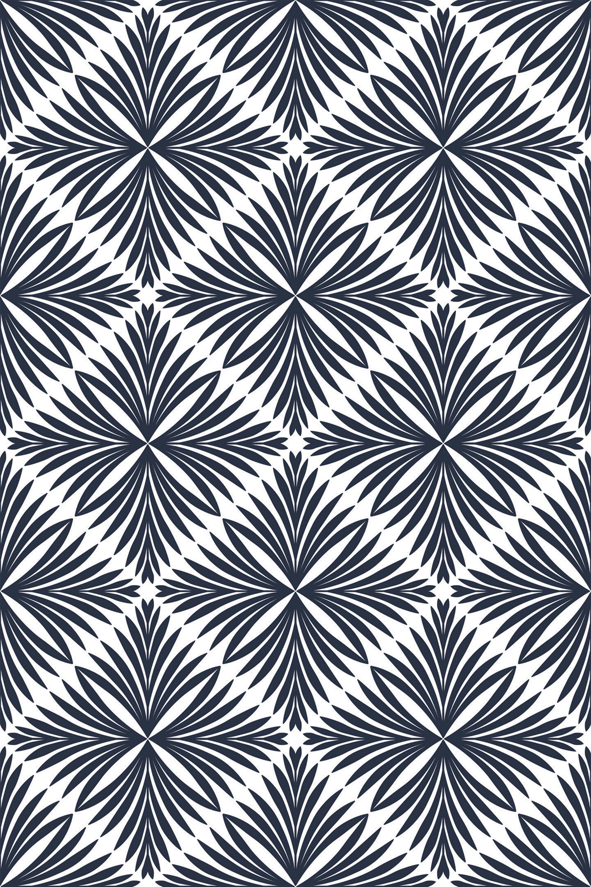 A repeating Art Deco leaf pattern with symmetrical, fan-like leaf motifs in black on a white background, creating a bold and elegant geometric design. Peel and stick removable wallpaper.